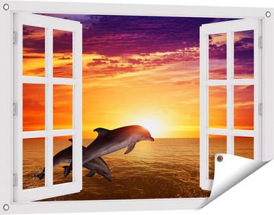 Gards Tuinposter Doorkijk Twee Dolfijnen bij de Zonsondergang - 90x60 cm - Tuindoek - Tuindecoratie - Wanddecoratie buiten - Tuinschilderij