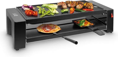 FRITEL Pizza-Raclette Grill PR 3195 - Tafelgrill / Minigrill / Raclette kookplaat - 1200W - 40x20cm - 8 Pers. + 8 Raclettepannetjes & Spatels