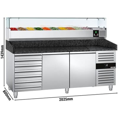 GGM Gastro Pizzakühltisch PREMIUM - 2000x800mm - mit 2 Türen & 7 Schubladen - inkl. Kühlaufsatzvitrine - 10x GN 1/4 Zilver