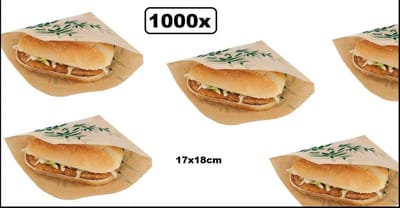 1000x Hamburger zakje papier kraft 17x18cm - hamburger zak hip broodje festival themaparty festival carnaval