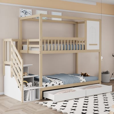 COVREO Bedframe 90x200 cm naturel/wit met opberglades zonder matras