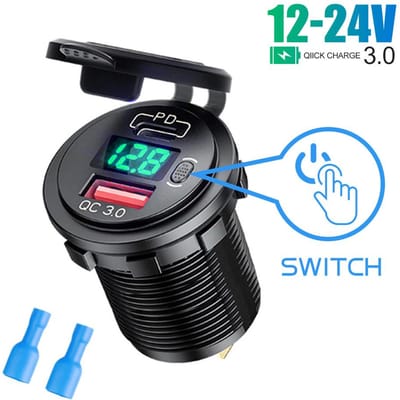 Chargeur de voiture 12 V/24 V avec interrupteur marche/arrêt, affichage de la tension, 45 W PD, USB QC 3.0, chargeur rapide pour voiture, camion, bateau, camping-car, moto wtihout wire