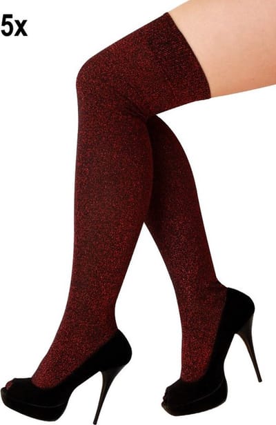 5x Paar Stay up Lange kousen lurex rood - festival thema party stay up kous verjaardag feest