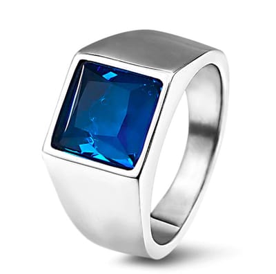 Zegelring Heren Zilver kleurig met Blauwe Steen - Staal - Ring Ringen - Papa Cadeau Voor Mannen - Vaderdag