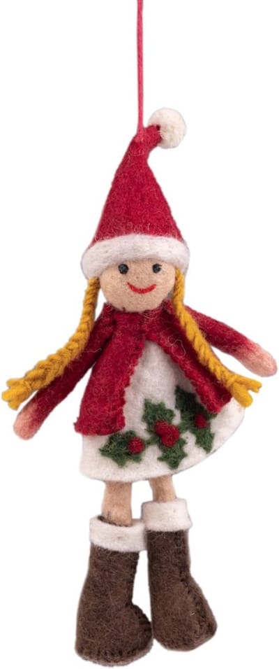 Hanger Vilt Figuurtje Kerst - Meisje met Vlechten Holly Berry - Kerstkleding en Kerstmuts - Rood/Wit - 21cm - Handgemaakt & Fairtrade