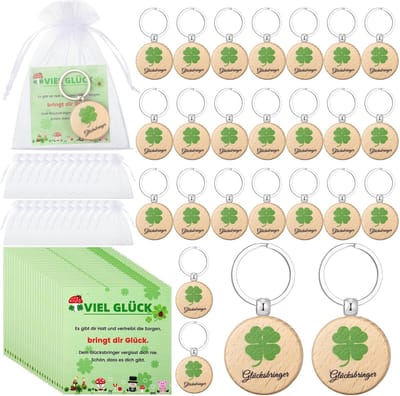 Dailygoods- Cadeauset Compleet Geluksbrenger - 24 Klaverblad Sleutelhangers - 24 Wenskaarten - 24 Organza Zakjes - Ideaal voor Vrouwen - Geluksgeschenken - Geluksgeschenk
