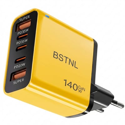 BSTNL 140W USB-C Snellader - Geschikt voor al jouw USB-C - GaN Oplader - Compact & Krachtig - 5 Poorten - Snelladen voor Laptop, Tablet & Smartphone - USB C Adapter - Geel
