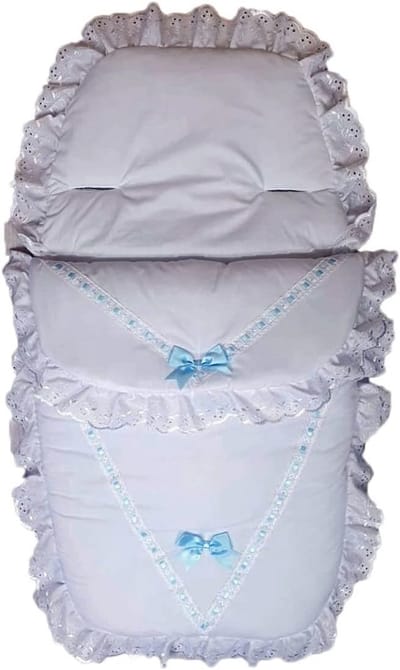 Witte Polycotton Baby Voetenzak met Blauwe Kanten Linten - Elegant en Comfortabel Voor Alle Seizoenen