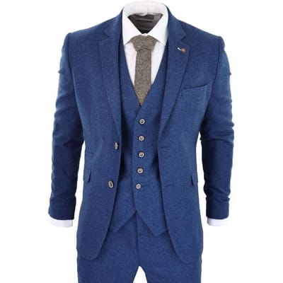 Heren 3-delig blauw tweed wollen twill vintage klassiek pak