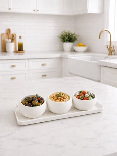 Mevaz Snackbowls Set van 3 met Dienblad – Keramische Dipschaaltjes – Wit – Tapas Schalen – Borrelset – Serveerschaaltjes voor Noten, Olijven, Sauzen & Snacks – Modern Design