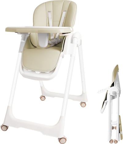 Opvouwbare Baby Hoogstoel – Kinderstoel Met Verstelbare Zitplaats en Wielen – Beige