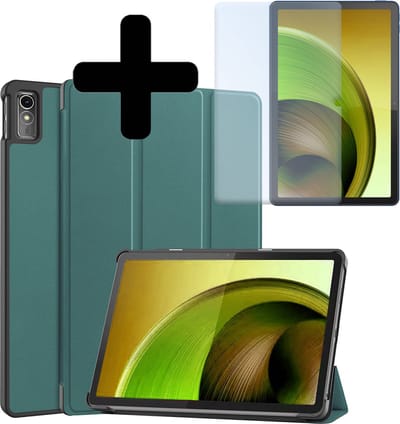 Hoes - Geschikt voor Lenovo Tab M10 5G - Met Screenprotector - Trifold Bookcase - Hard Cover - Hardcover Book Case - Tablet Hoesje - Donkergroen