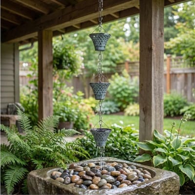 Regenketting - Regenpijp omvormer - Tuin drainage - Stijlvol geometrisch ontwerp - 27 meter lengte - Brons blauw