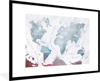 Poster in lijst - Fotolijst 120x80 cm - Posters - Wereldkaart - Kleur - Topografie - Posterlijst zwart - Decoratie - Wanddecoratie woonkamer - Muurdecoratie slaapkamer