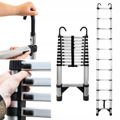 Baulich Telescopische ladder met haken - 11 treden - max 320 cm - staal - draagvermogen 125 kg - automatische vergrendeling - antislip voeten