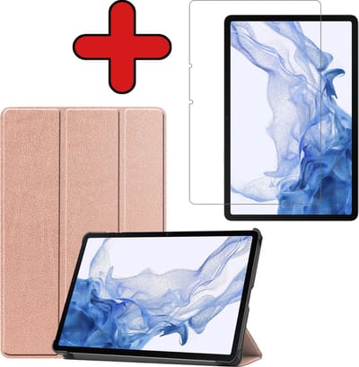 Hoesje - Geschikt voor Samsung Galaxy Tab S8 - Met Screenprotector - Hardcover Book Case - Trifold Bookcase Hoes - Hard Cover - Tablethoes - Rosé goud