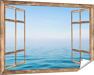 Gards Tuinposter Doorkijk Zee met een Blauw Hemel Achtergrond - 150x100 cm - Tuindoek - Tuindecoratie - Wanddecoratie buiten - Tuinschilderij