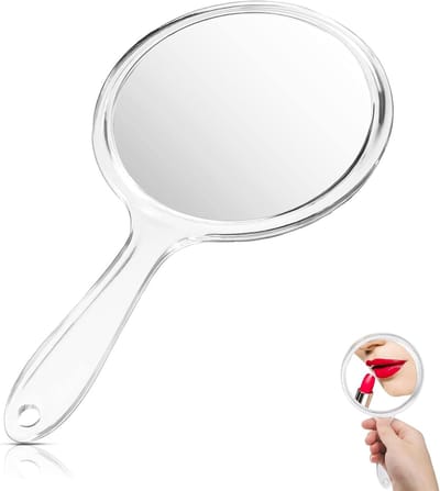 Handspiegel met handgreep - 27 cm dubbelzijdige spiegel - handspiegel met vergroting - 1 x 3 x vergroting - reis-make-upspiegel voor dagelijkse make-up - transparant