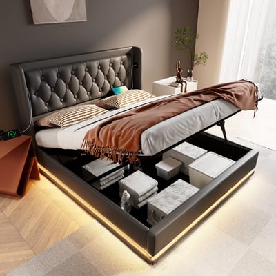 MODFU Bedframe 140x200 cm – Zwart PU met getuft wingback hoofdbord & LED – Hydraulisch