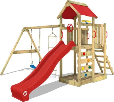 Wickey MultiFlyer Speeltoestel - Schommel en Touwladder met Glijbaan - Klimwand & Zandbak - 288x429x263 cm - Rood