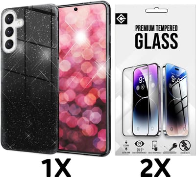 Casemania Hoesje + Glas Geschikt voor Samsung Galaxy A26 - Zwart - Glitter Back Cover - 2x Glazen Screenprotector