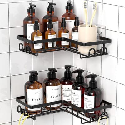 Famanu – Doucheplank set van 2, boorvrij zelfklevend doucherek, shampoo houder voor douche, zwart