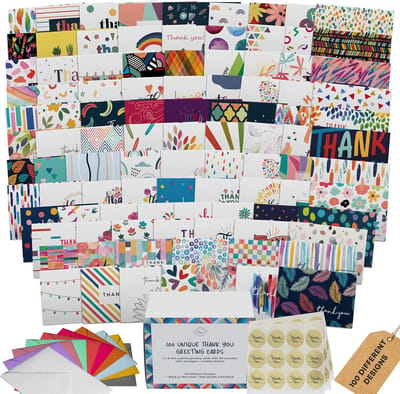 100 Luxe Bedankkaarten Set Blanco Notitiekaarten met Gekleurde Enveloppen en Zegels