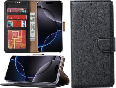 Hoesje Geschikt voor iPhone 16 Pro hoesje – portemonnee bookcase met pasjeshouder – Zwart