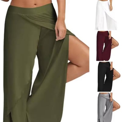 Elastische Taille Mid-Rise Fitness Broek Effen Kleur Rechte Yoga Broek Vrouwen Split Wijde Pijp Korte Broek Vrouwenkleding L