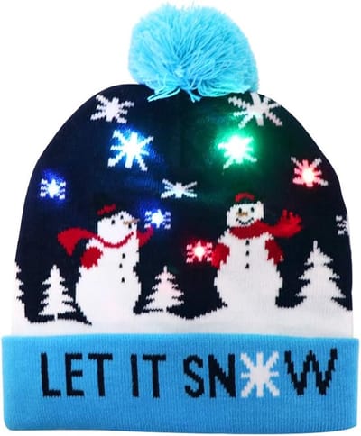 LED-kerstmuts, oplichtende kerstmuts, unisex gebreide muts, feestmuts, sneeuwpoppatroon, geschikt voor feestjes Kerst Gebreide Hoed (blauw).