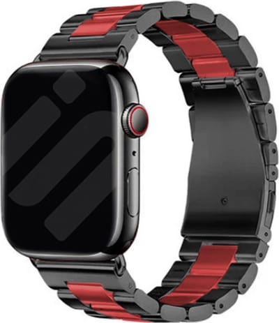 Strap-it Stalen schakel band - Geschikt voor Apple Watch bandje -Series 1/2/3/4/5/6/7/8/9/10/11/SE/SE2/SE3/Ultra (2) - Zwart/Rood - Metalen band met RVS vlindersluiting - RVS iWatch bandje voor maat: 44mm / 45mm / 46mm / 49mm