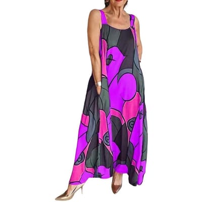 Dames Zomer Zonnejurk Mouwloos A-lijn Kleurrijke Print Zijzakken Wijde Zoom Enkellengte Vakantie Strand Maxi Jurk M purple