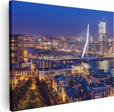 Artaza Canvas Schilderij Rotterdam - 80x60 cm - Wanddecoratie Skyline - Muurdecoratie Erasmusbrug - Schilderijen Op Canvas