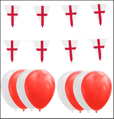 Engeland feestpakket Big - 6x Vlaggenlijn 10 meter + 100 ballonnen rood/wit - Versiering Slinger Feestdecoratie Decoratie