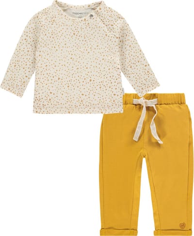 Noppies - Kledingset - 2delig - Broek okergeel - Shirt Offwhite figuurtjes - Maat 68