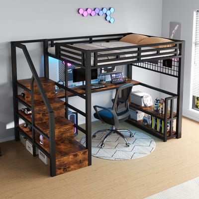 MODFU Hoogslaper 140x200 cm van metaal en MDF, met bureau, opbergruimte en LED-verlichting