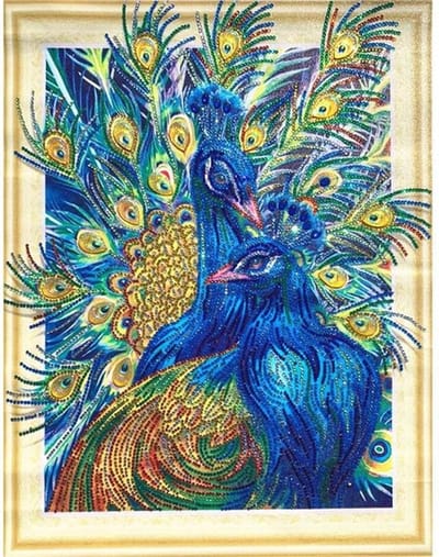 Diamond painting op canvas - gespannen doek - met speciale vormen van steentjes - 40 x 50 cm - Pauwen