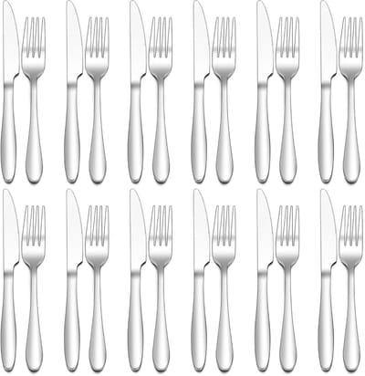 24-delig RVS Steak Bestekset voor 12 Personen, Hoogglans Polished, Ideaal voor Thuis en Restaurant, Inclusief 12 Tafelmessen (23 cm) en 12 Vorken (20 cm)