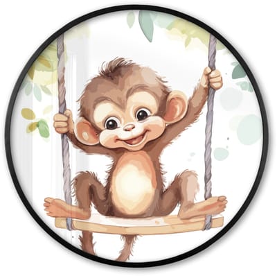 Poster in lijst Rond - Fotolijst 60x60 cm - Posters - Aap - Dier - Kinderen - Jungle - Ronde posterlijst zwart - Decoratie - Wanddecoratie woonkamer - Muurdecoratie slaapkamer