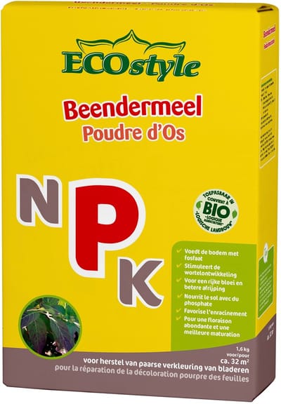 ECOstyle Beendermeel tegen Dwerggroei of Afsterving - Stimuleert Wortelontwikkeling - Geeft Rijke Bloei - Verbetert Rijpen van Zaden, Planten en Vruchten - 32 M² - 1,6KG