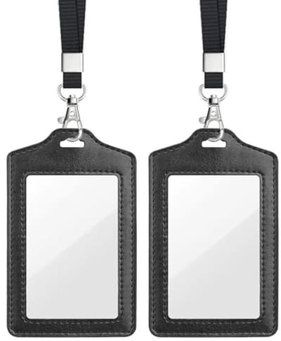 Dubbelzijdige Transparante Badgehouders - Luxe Kunstleer met Nylon Lanyard, ID Kaart Houder voor Werk/OV Kaart/Busticket, Bedrijven & Evenementen, Verticaal (Zwart)