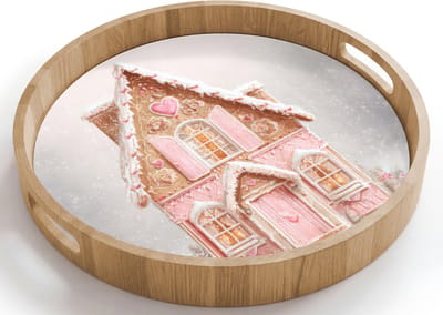 Dienblad rond 40x40 cm - Schootdienblad hout - Huisje - Suiker - Pastel - Borrelplank rechthoek - Plateau houten dienbladen