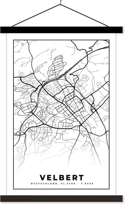 Posterhanger incl. Poster 40x60 cm - Schoolplaat - Kaart - Velbert - Plattegrond - Stadskaart - Textielposter - Zwarte latten - Stadskaart