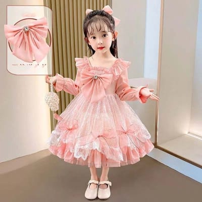 Robe de princesse Lolita pour filles, rose, à manches longues, avec nœud en dentelle, décoration, jupe trapèze douce, ensemble féerique, printemps-automne 130 rose