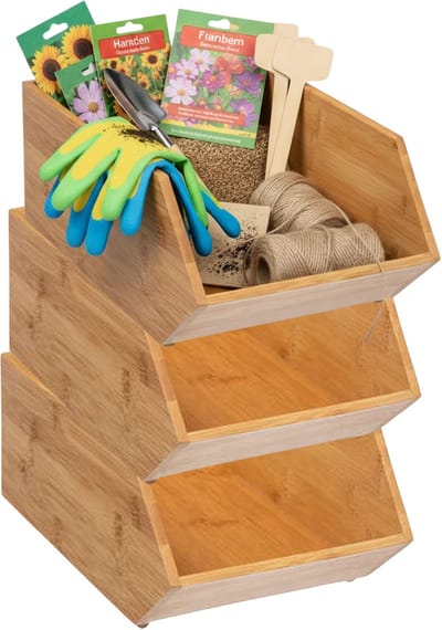 Home & Styling Stapelbare opbergmand - 3x - 18 x 31 x 12 cm - bamboe hout - lichtbruin - open organizer