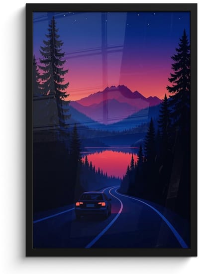 Poster in lijst - Fotolijst 40x60 cm - Posters - Auto - Donkere dennenbomen - Zonsondergang - Posterlijst zwart - Decoratie - Wanddecoratie woonkamer - Muurdecoratie slaapkamer