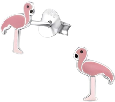 Joy|S - Zilveren roze vogel oorbellen - 7 x 8 mm - flamingo - oorknoppen voor kinderen
