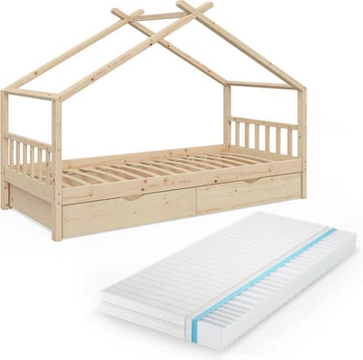 Vitalispa Design Huisbed – 90x200 cm met 2 laden en matras Natuurlijk hout