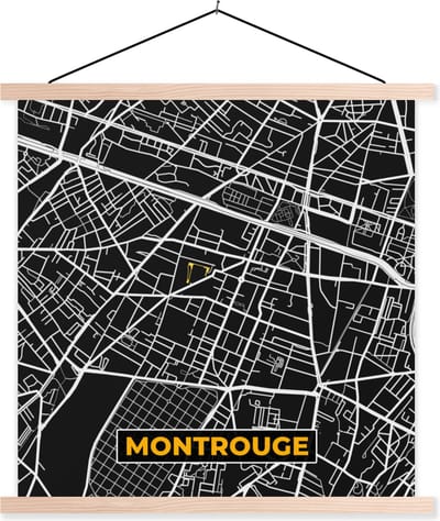 Posterhanger incl. Poster 40x40 cm - Schoolplaat - Montrouge - Plattegrond - Frankrijk - Kaart - Stadskaart - Textielposter - Blanke latten - Stadskaart