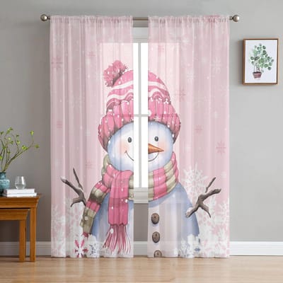 Kerst Winter Sneeuwvlok Sneeuwpop Roze Transparante Gordijnen voor Woonkamer Decoratie Raamgordijnen Keuken Tule Voile Gordijnen W135 x H115cm x1 white